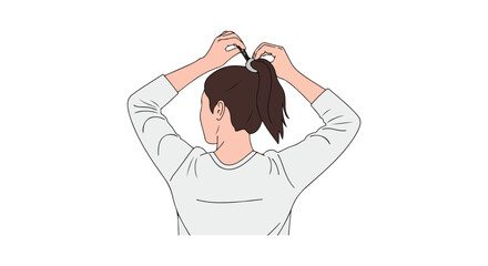 Illustration showing a person with brown hair tying their hair into a ponytail with a hair tie, back view, white background simple line art minimal