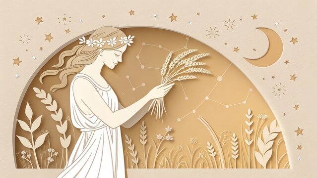 Virgo zodiac sign in elegant paper cutout style with feminine figure holding wheat, surrounded by stars and constellation, ideal for astrology content, zodiac art, spiritual themes, and horoscopes
