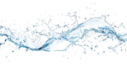 A dynamic splash of clear water fluid motion and droplets. captured against a stark white background. ideal for illustrating themes of freshness and purity
