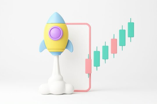 Cartoon rocket ship launching upwards next to a phone screen displaying a rising stock market candlestick chart - Powered by Adobe