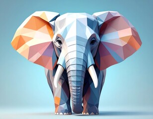 A majestic, symmetrical portrait of an elephant's head, created in a modern low poly geometric style. This wildlife icon symbolizes strength, wisdom, and nature.