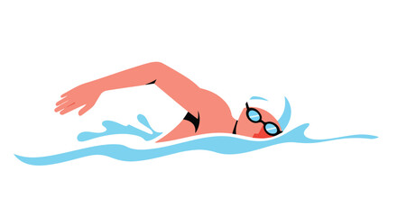Illustration of a swimmer using the freestyle stroke with cap and goggles, gliding efficiently through the water conveying speed and agility