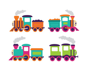 Four colorful cartoon trains with steam clouds and cargo wagons isolated on white background perfect for children s illustrations and designs