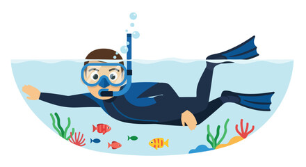 Underwater Exploration: A Cartoon Diver's Paradise of Colorful Fish and Ocean Flora in Aquatic Adventure