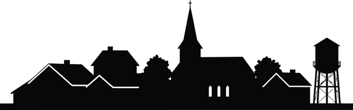 Silhouette of a small town skyline featuring a church and water tower isolated on transparent background