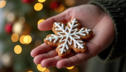 Gingerbread snowflake cookie held by person with festive background  