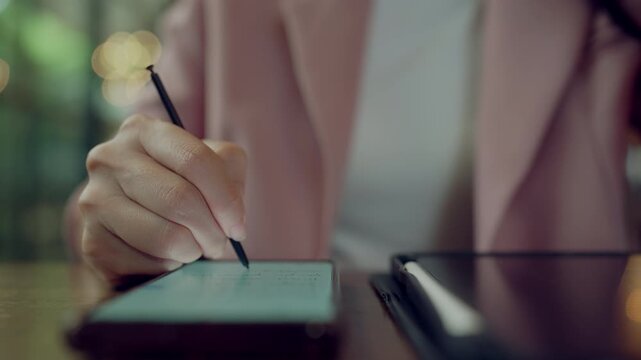 Hands of professional woman using stylus and smartphone to manage tasks efficiently in digital workspace