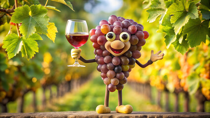 
Anthropomorphic grape bunch holding a glass of wine