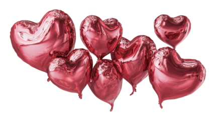 Red heart shaped candies flying with glossy foil wrapping romantic sweet confectionery dessert isolated on white background