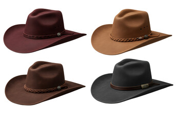 Four distinct premium leather Western cowboy hats, artfully arranged on a seamless transparent background, 45-degree high angle, sharp focus, diffused studio lighting. Concept for luxury product