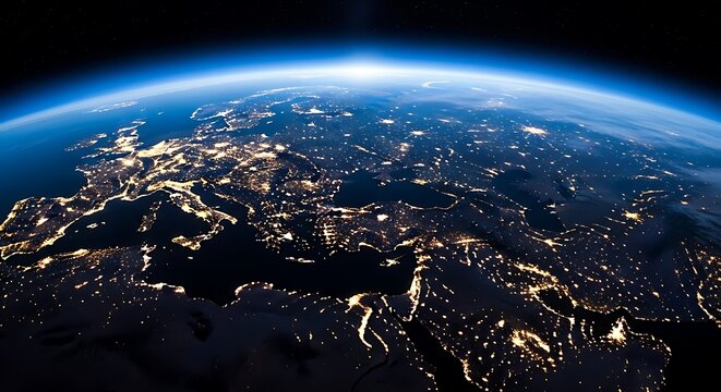 A breathtaking view of europe and the middle east at night from space, city lights twinkling like stars against the dark expanse of the earth below