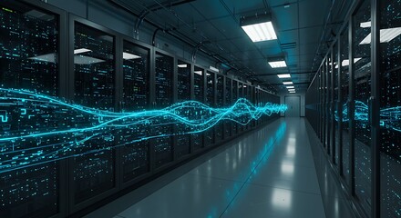 Server Room with Blue Digital Waves in Dark Data Center