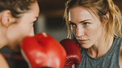 Two women in a gym intensely focused during a boxing training session, one wearing red gloves, showing determination and strength.
