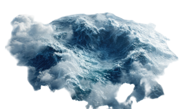 Flying above ocean 3D animation with blue sea waves aerial fantasy landscape digital artwork isolated on white background