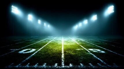 Football Stadium Field Under Bright Floodlights at Night with Green Grass and White Line Markings