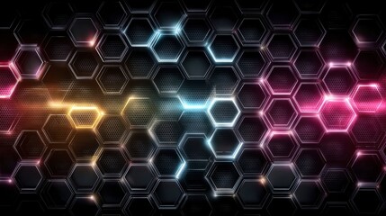Honeycomb of Tech: An abstract, vibrant honeycomb design pulsating with neon highlights, showcasing the beauty of technology, data, and interconnectedness.