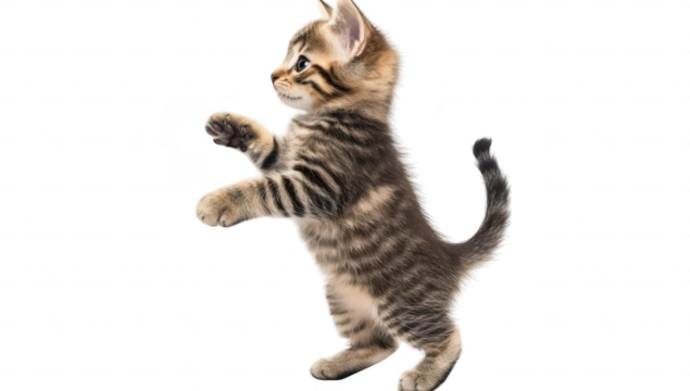A playful tabby kitten standing on its hind legs against a white background. its curious nature and stripes. perfect for pet-related content and marketing