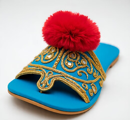 Stylish blue sandal with golden embroidery and red pompom isolated on white background