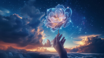 A flower glowing in the sky, illuminating the dark night with its gentle, magical light and creating a dreamy, enchanting atmosphere.