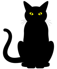 Silhouette of a Halloween Cat with yellow eyes isolated on a transparent background