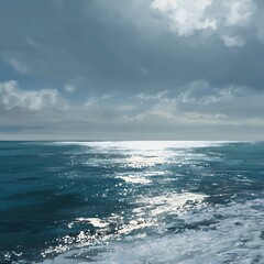 Bright Ocean Scene with Sunlight Reflections on Calm Water Under Cloudy Sky