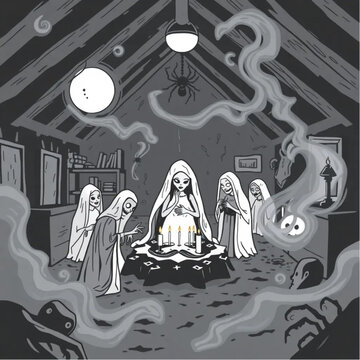 A zombie bride gathering for a midnight ritual in a spider-infested attic surrounded by swirling mist.
