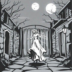 Fototapeta premium A zombie bride dancing under the moonlight in a ghost town street surrounded by creaking wooden gate.