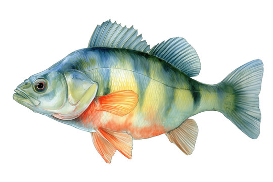 European perch fish hand drawn watercolor isolated food illustration. Fresh river fish for delicious seafood recipes.