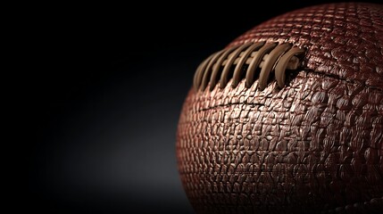 Close-up of Brown Leather American Football with Laces on Dark Background