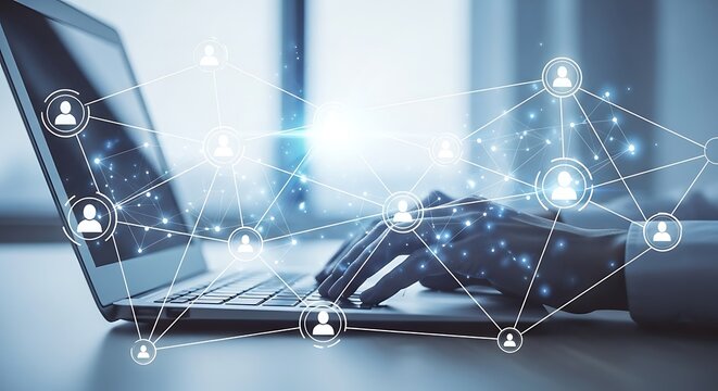 Closeup of hands typing on a laptop with a network connection overlay, symbolizing digital communication and social media interaction - Powered by Adobe