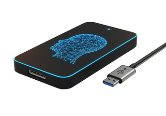 Matte black AI assistant device, blue abstract human head display, silver USB-C connector on transparent studio background, soft orange bokeh, high-tech product photography concept