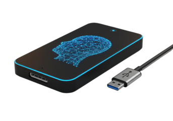 Matte black AI assistant device, blue abstract human head display, silver USB-C connector on transparent studio background, soft orange bokeh, high-tech product photography concept