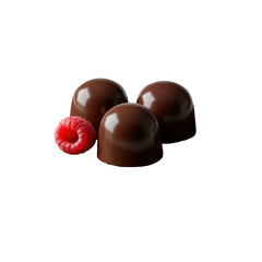 Three gourmet dark chocolate truffles with shiny glaze, vibrant red raspberry, cocoa powder on matte black plate against transparent studio background. Concept of gourmet dessert luxury