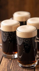 Rich dark beer in frosty mugs with creamy foam, perfect for gatherings and celebrations