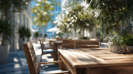Inviting Outdoor Dining Space with Modern Wooden Furniture and Lush Greenery