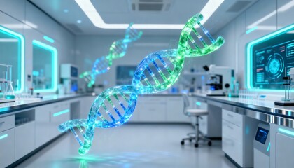 Futuristic medical research lab with holographic DNA strands floating in the air, AI-driven biotechnology concept, advanced genetic science, innovative healthcare technology