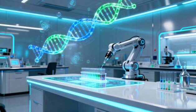 Futuristic medical research lab with holographic DNA strands floating in the air, AI-driven biotechnology concept, advanced genetic science, innovative healthcare technology
