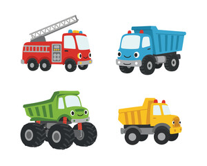 Collection of four colorful cartoon toy trucks including a red fire engine a blue dump truck a green monster truck and a yellow dump truck