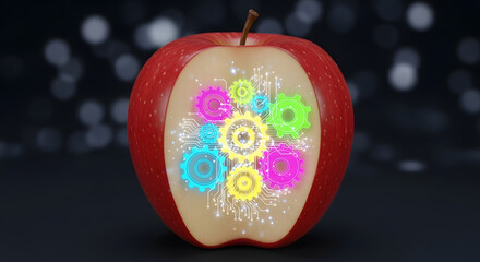 Red Apple Opening to Reveal Colorful Digital Gears