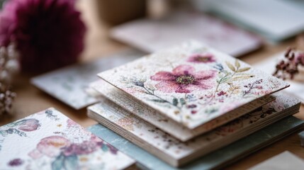 Artisanal stationery kit with mixed floral and vintage motifs capturing the tactile quality of handcrafted paper while background elements remain softly out of focus.