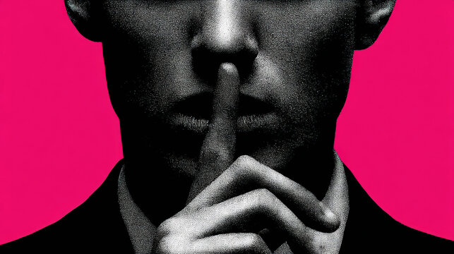 Graphic design of a man in a black suit with his finger on lips against a pink background, signaling silence or secrecy.