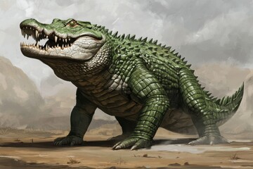 Obraz premium Armored crocodile with spiked tail, ambushing in a swamp, 3D illustration