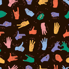 Colorful Hand gestures seamless pattern. Signs, expression pointing finger texture