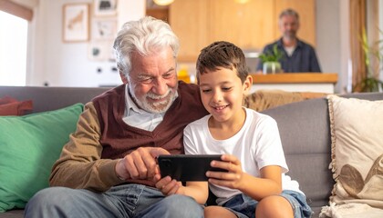 A young boy and his grandfather looking at a mobile phone. Two generations learning technology together