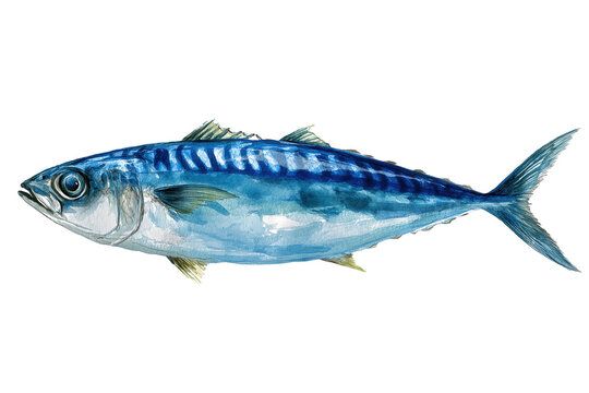 Atlantic mackerel fish hand drawn watercolor isolated food illustration. Raw blue and silver scomber for healthy cooking.