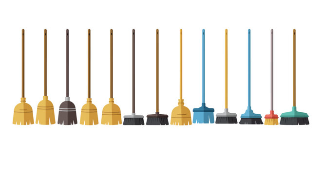 Collection of Colorful Flat Design Brooms with Various Handles.