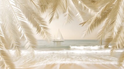 Peaceful beach scene with palm fronds framing a sailboat on the ocean waters