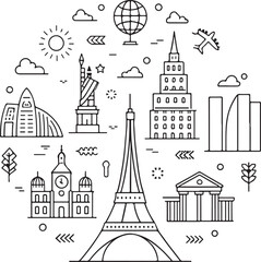 Minimalist linear icon design bundle, modern outline style, thin clean lines, uniform stroke weight, scalable vector illustration, 100+ icons collection pack, perfect for UI/UX, apps, websites, i