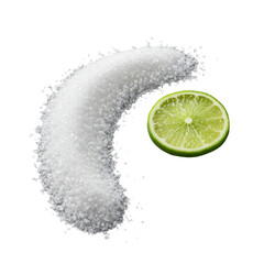 Elongated white sugar crystals and a thin lime wheel, isolated on a solid transparent background. Bright macro studio shot conveying refreshing purity