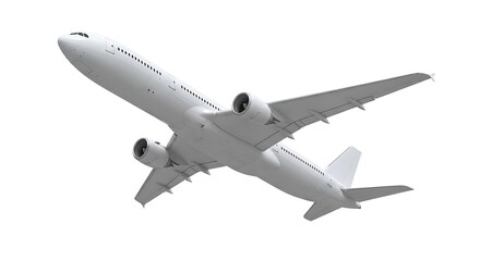 Obraz premium Soaring commercial airplane in flight against a clean white backdrop, ready for adventure and global travel, aviation industry concept